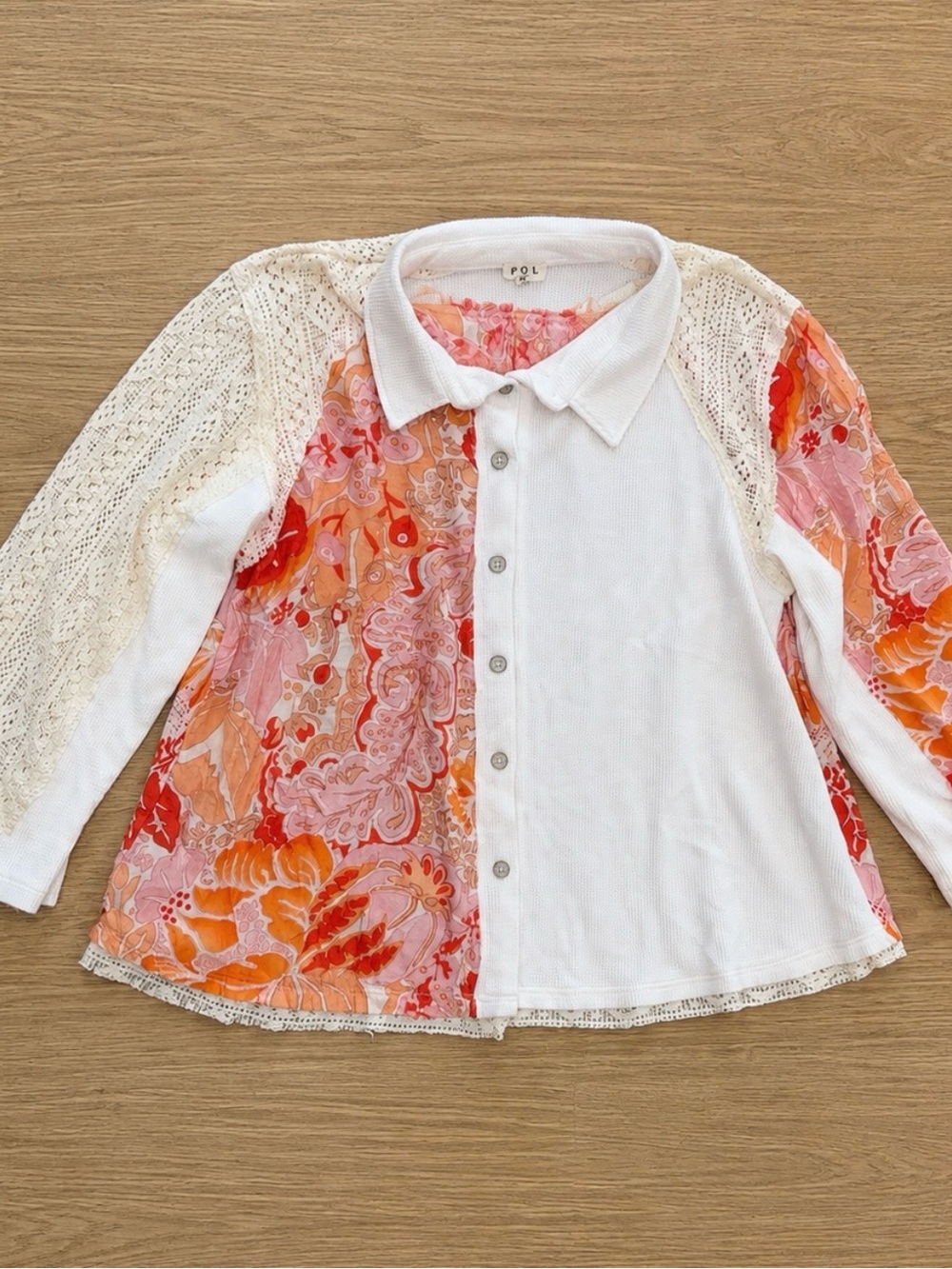 POL White Button-Front Top with Pink & Orange Floral Panels